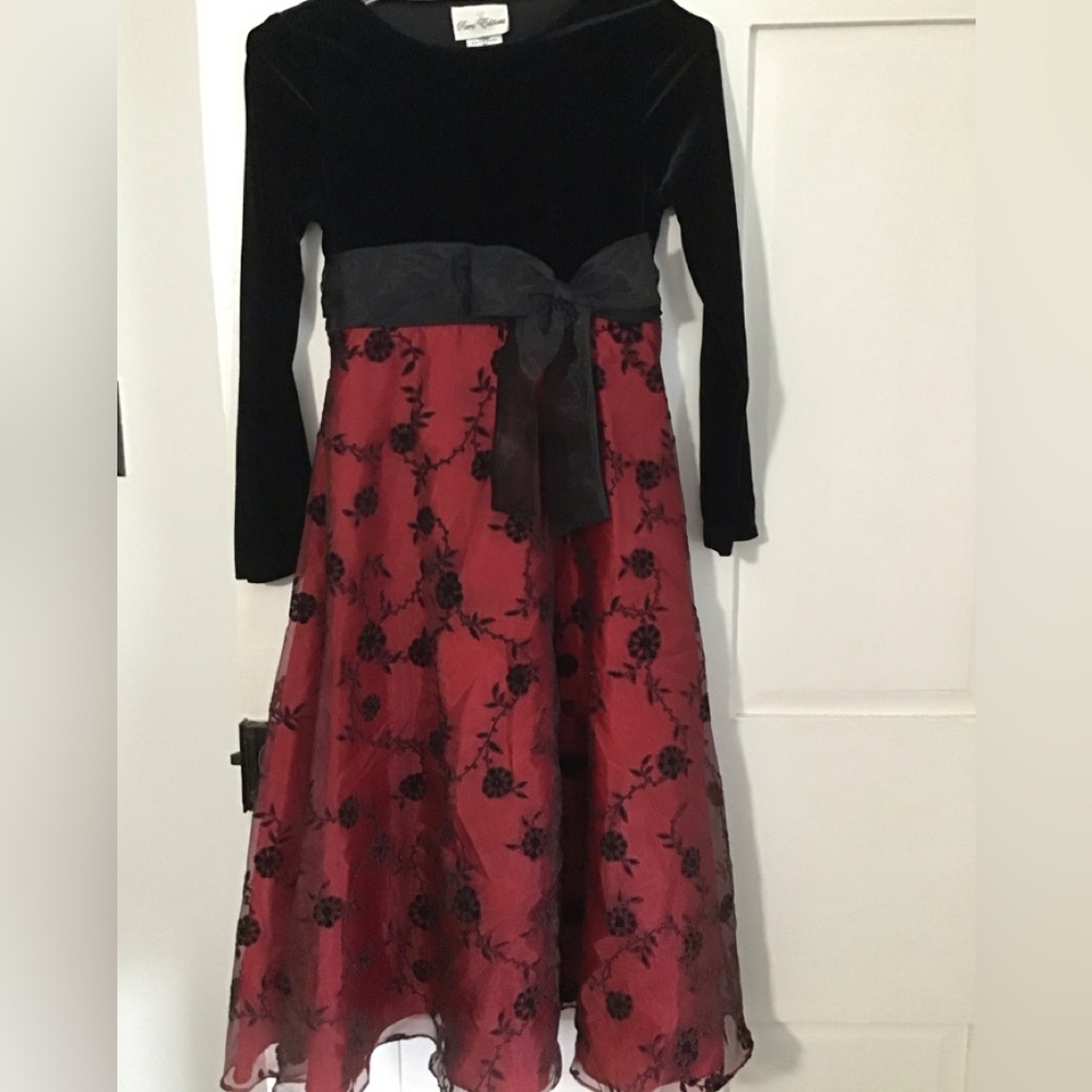 Rare Editions Black Velvet Bodice with Red Floral Skirt Girls Dress
